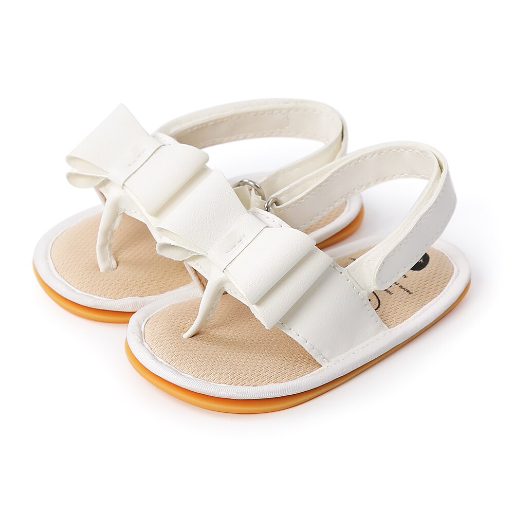 Sandalias planas con lazo para niñas pequeñas, chanclas con correa en T, de Color sólido, simples: Blanco / 7-12 meses