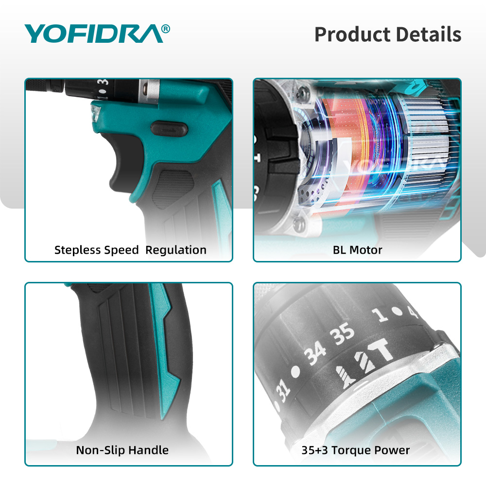 YOFIDRA 13mm 35 + 3 Drehmoment Bürstenlosen Elektrischen Schlagbohrmaschine Akku-Effiziente Elektrische Schraubendreher Werkzeug Für Makita 18V-21V Batterie