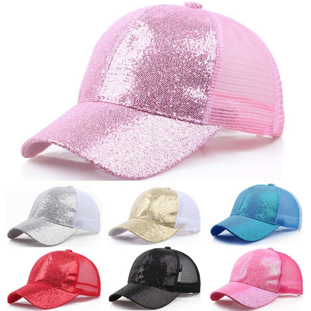 gorra de béisbol de cola de caballo para mujer, gorra desordenada de verano, gorra de malla, gorras de lentejuelas deportivas, gorra de # L5