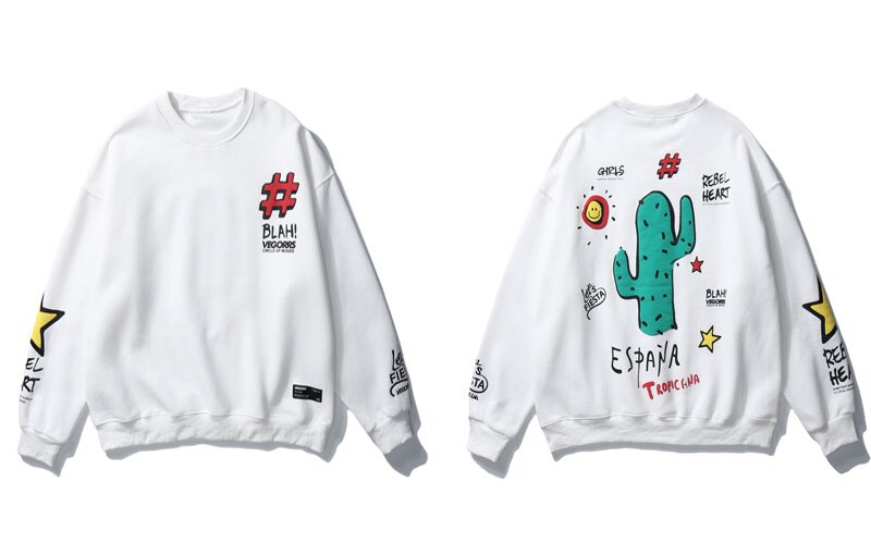 GONTHWID Graffiti Cactus Print Pullover Fleece Sweatshirts Hoodies Streetwear Casual Loose Hoodie Mens Winter Hip Hop Tops: White / M