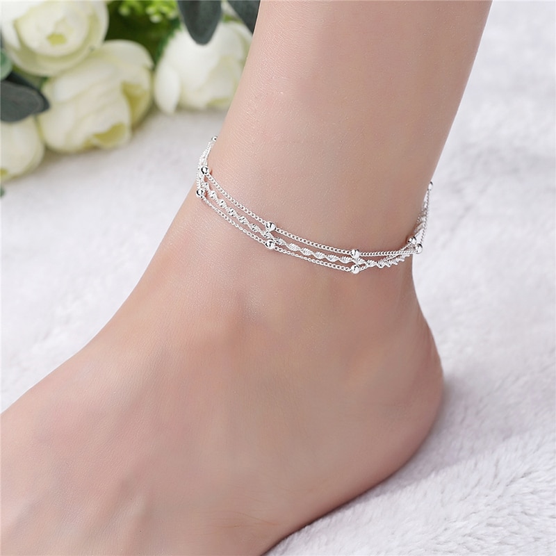 925 Sterling Silver Bracelets For Women Jewelry Multilayer Charm Beads Anklet Accessories For Girls 5B252