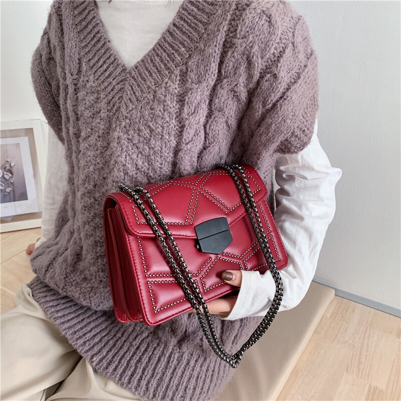 Small PU Leather Rivets Travel Chain Women Handbags Casual Female Shoulder Bags Crossbody Bags for Lady