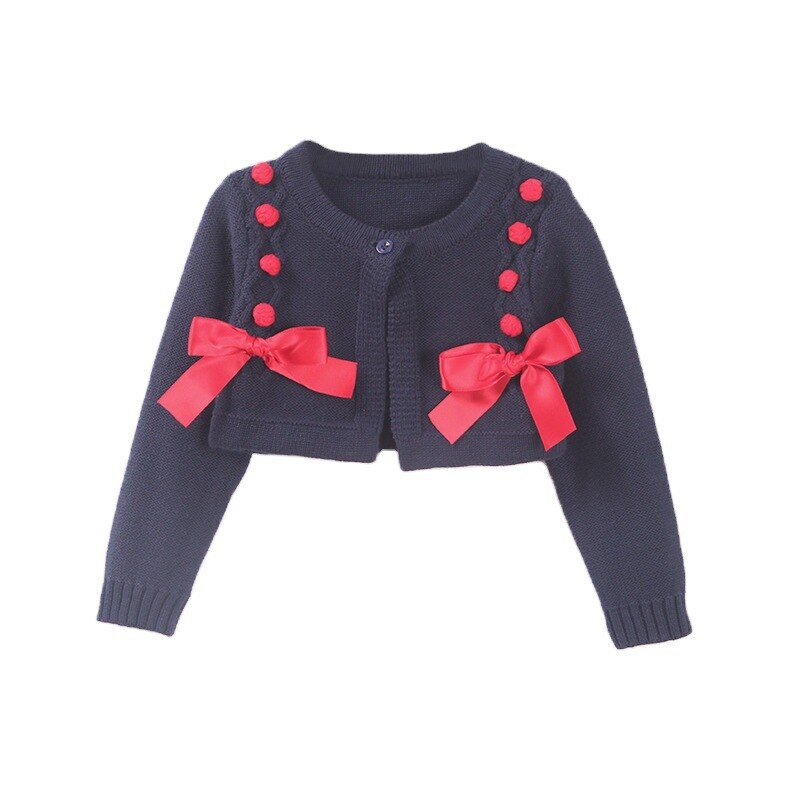 Lente Meisje Modieuze Kid Gebreide Trui Vest Ronde Hals Lange Mouw Boog Sjaal Korte Jassen: Marineblauw / 90