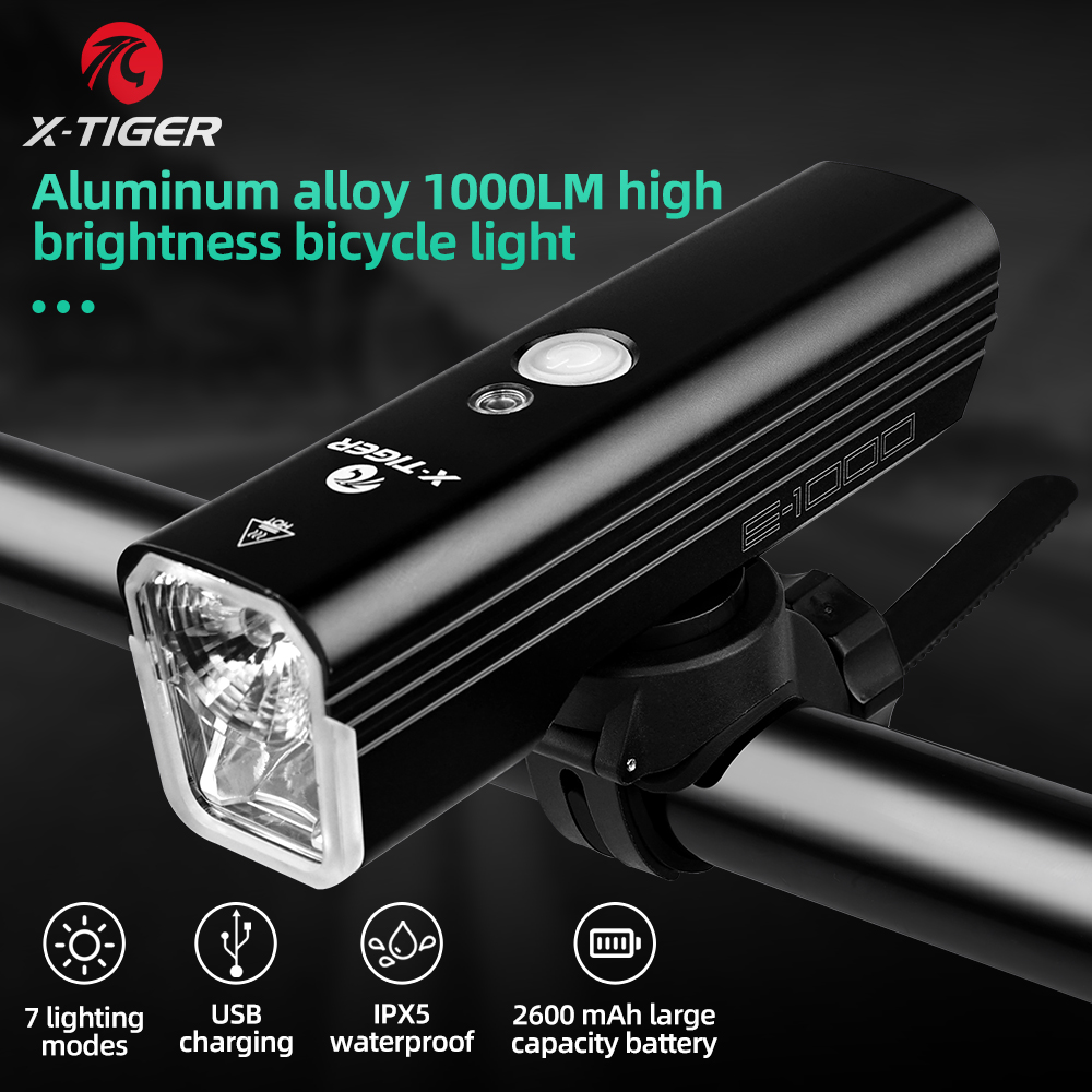X-Tiger Fahrradscheinwerfer, Fahrrad-Taschenlampe, tragbar, abnehmbar, wiederaufladbar, Aluminium, 1000 Lumen, für Reisen, Mountainbike, LED-Fahrradbeleuchtung