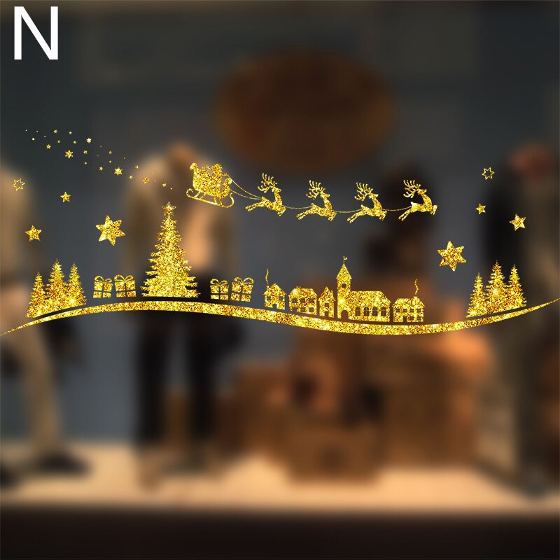 Glänzende Gold Weihnachten Baum Fenster Aufkleber Santa Fahrt Weihnachten Girlande Zauberstab Decals Neue Jahr Schaufenster Aufkleber Schneemann Wohnkultur: N
