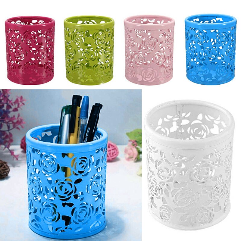 Metal hollow rose flower cylindrical pen pen holder holder container retro makeup brush holder office storage XH8Z