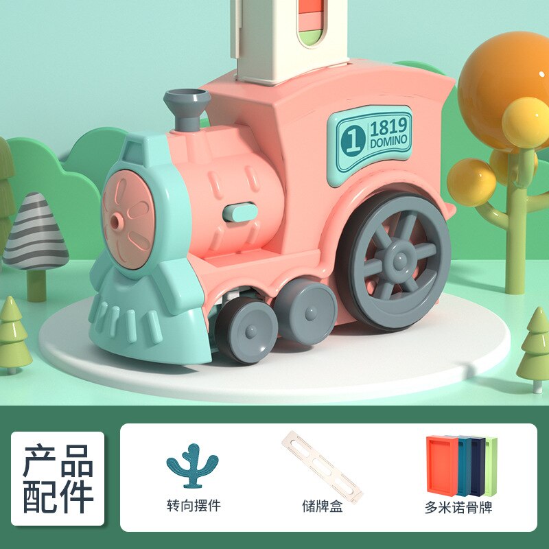 Mini tren de dominó eléctrico para niños, juguete educativo acústico-óptico, se pone de pie y suelta automáticamente: pink