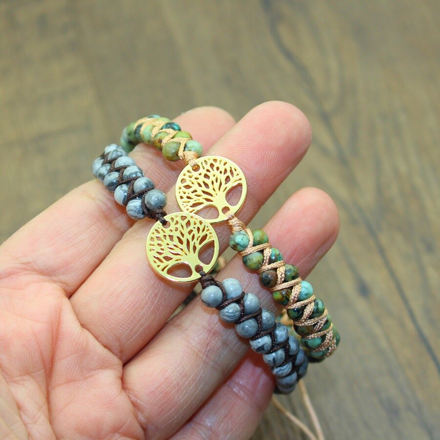 Árvore de pedra natural da vida yoga chakras contas frisado pulseiras corda de couro artesanal tecido wrap pedra ajustável casal pulseira