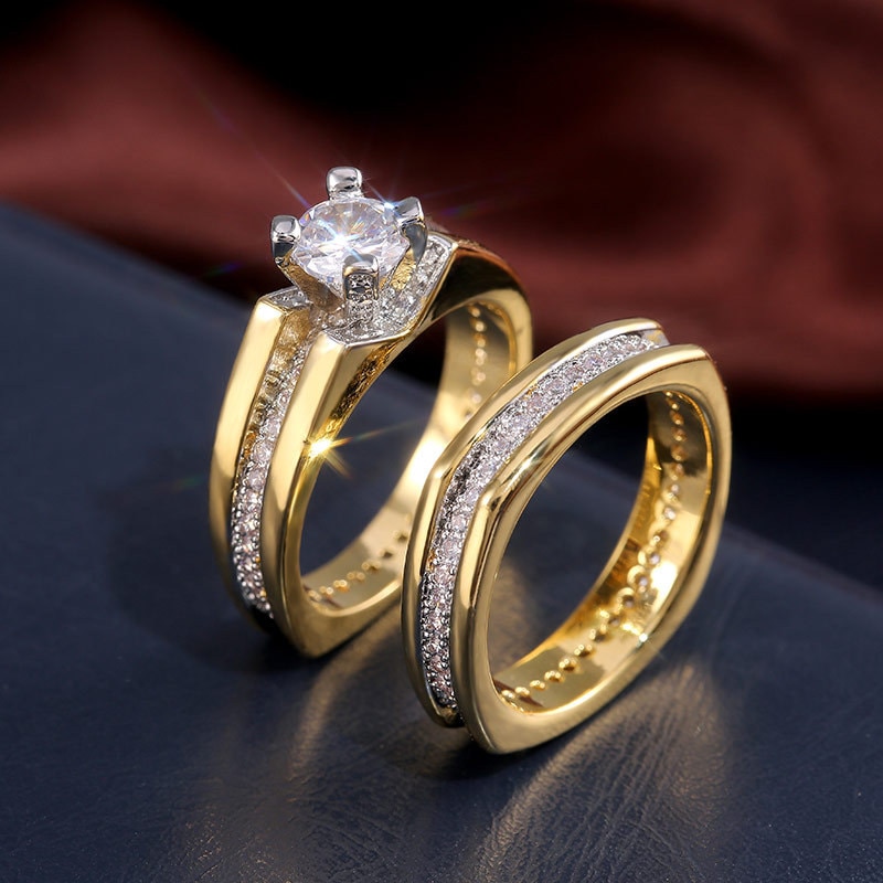Tobilo 2 stk brude sæt ring luksus guld farve geometrisk form bryllup smykker kvinder micro pave cz dame forslag forlovelsesringe