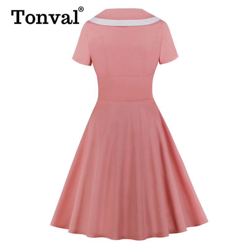 Tonval retro-hak krave knap foran rød vintage a-line kjole kvinder bomuld sommer kontor dame swing kjoler