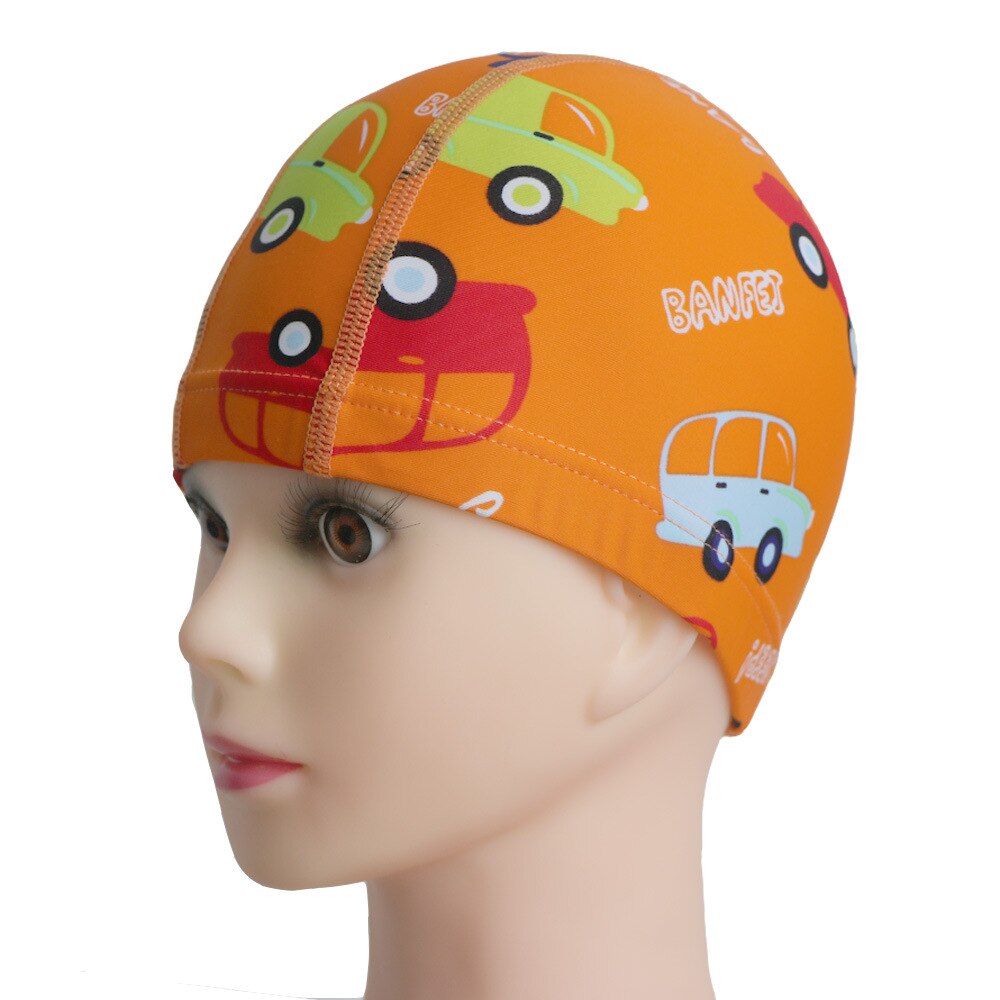 Svømning hætter kid pige drenge hætter elastisk svømningshætte vandtæt beskytte ører svømme pool hat print sommer strand slid: Orange