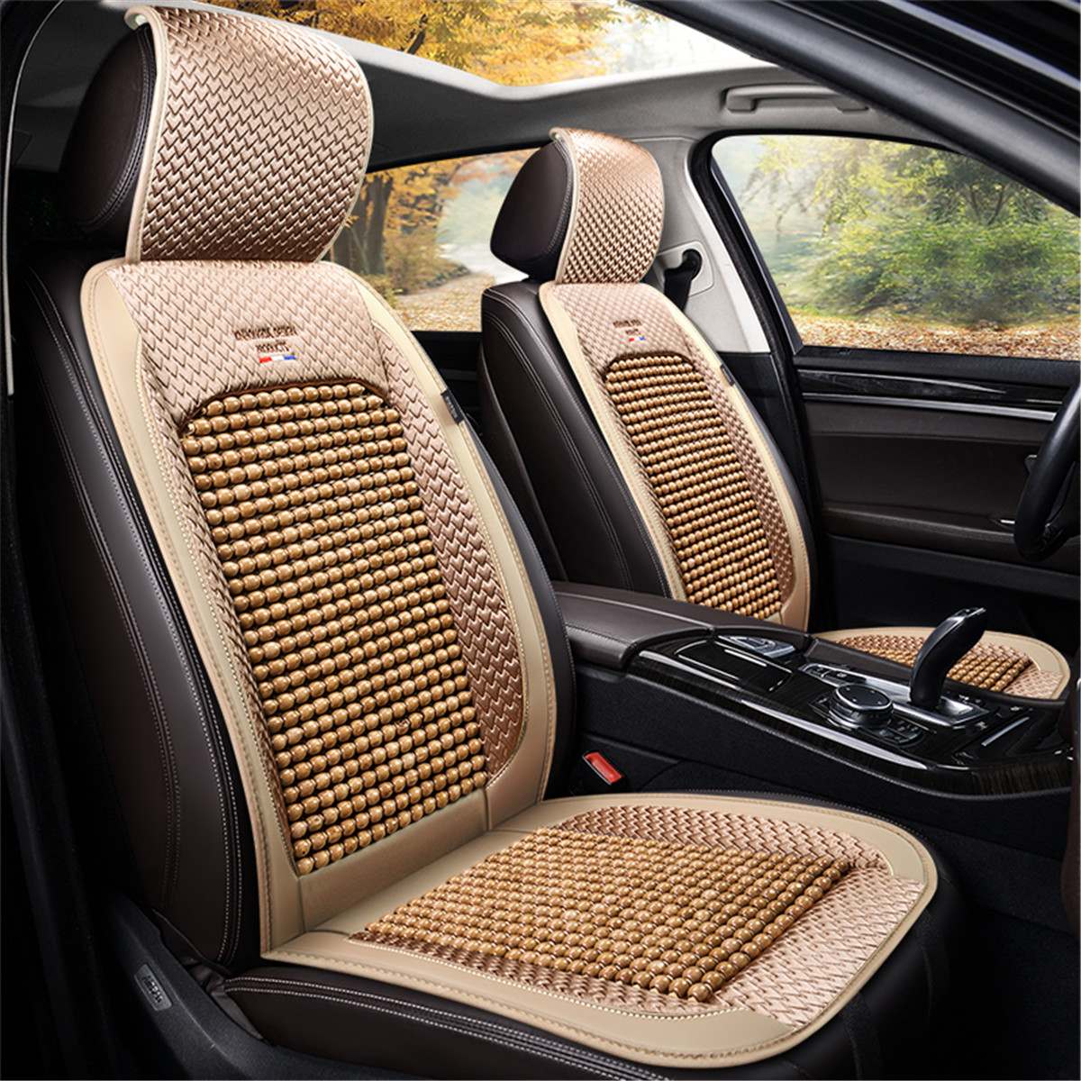 Universal Summer Cooling Auto Front Seat Cushion Protector Beads Leather + Bamboo Car Seat Covers Breathable