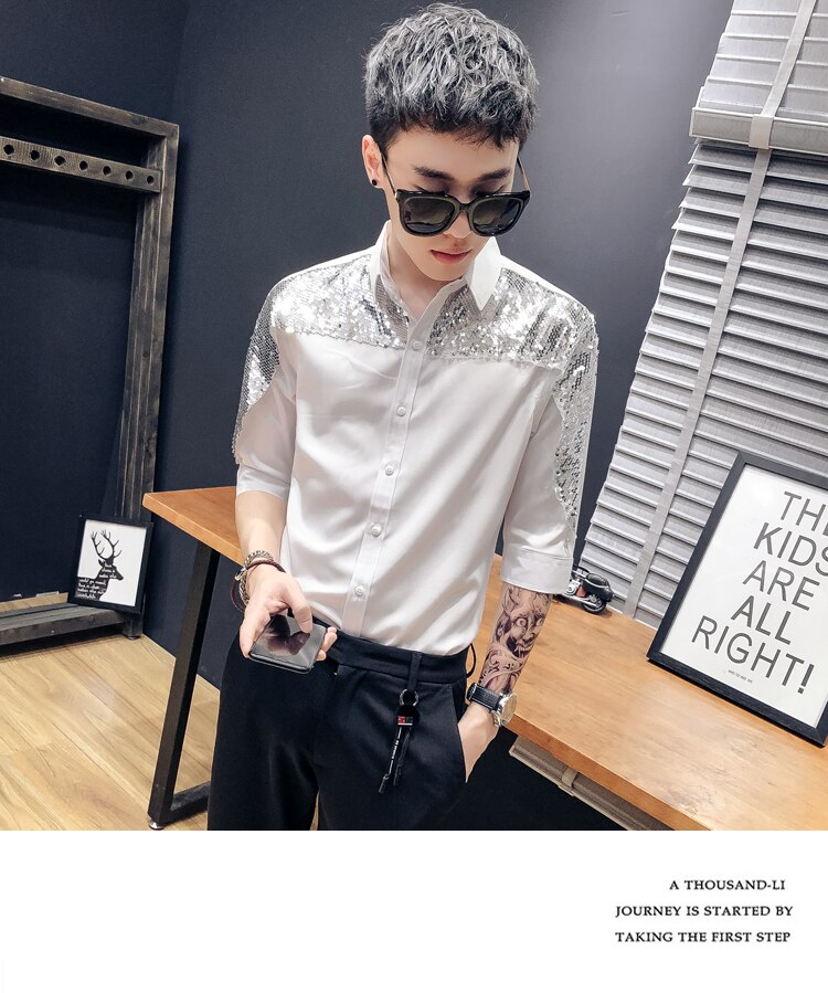 Men&#39;s Sleeve Shirt Personality Sequins Splicing Nightclubs DJ Men&#39;s Trends Youth Slim Handsome Hair Stylist Costumes