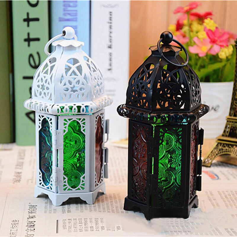 Negro/Blanco farol marroquí té luz vela titular caja colgante decoración