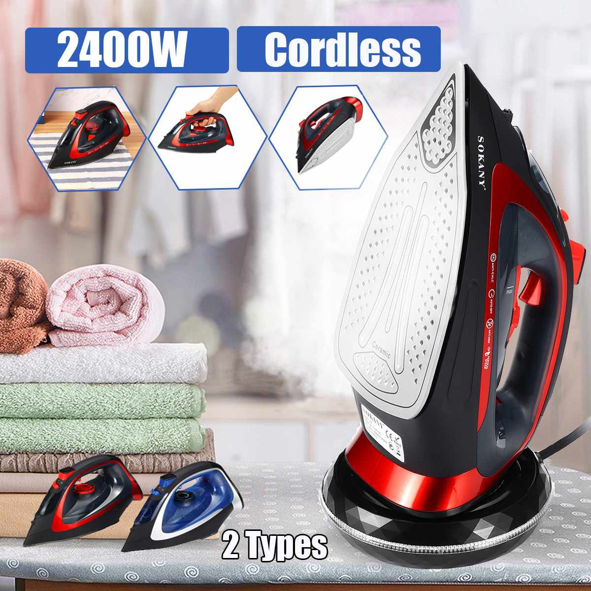 Elektrische Stoomstrijkijzer 2400W 220V Draadloze Oplaadbare Spray Stoomstrijkijzer Kleren Strijken Stoomboot Multifunctionele Verstelbare 9518