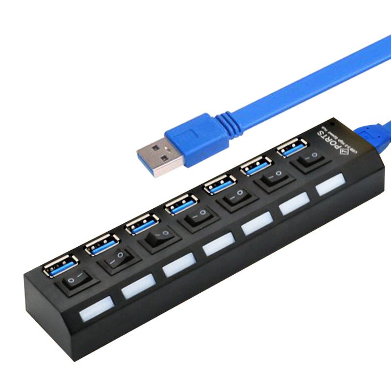 Concentrador de puertos USB 3,0 Multi USB 3,0, expansor de 7 puertos con interruptor, adaptador de luz indicadora para PC, ordenador y portátil: usb 3.0 7 ports