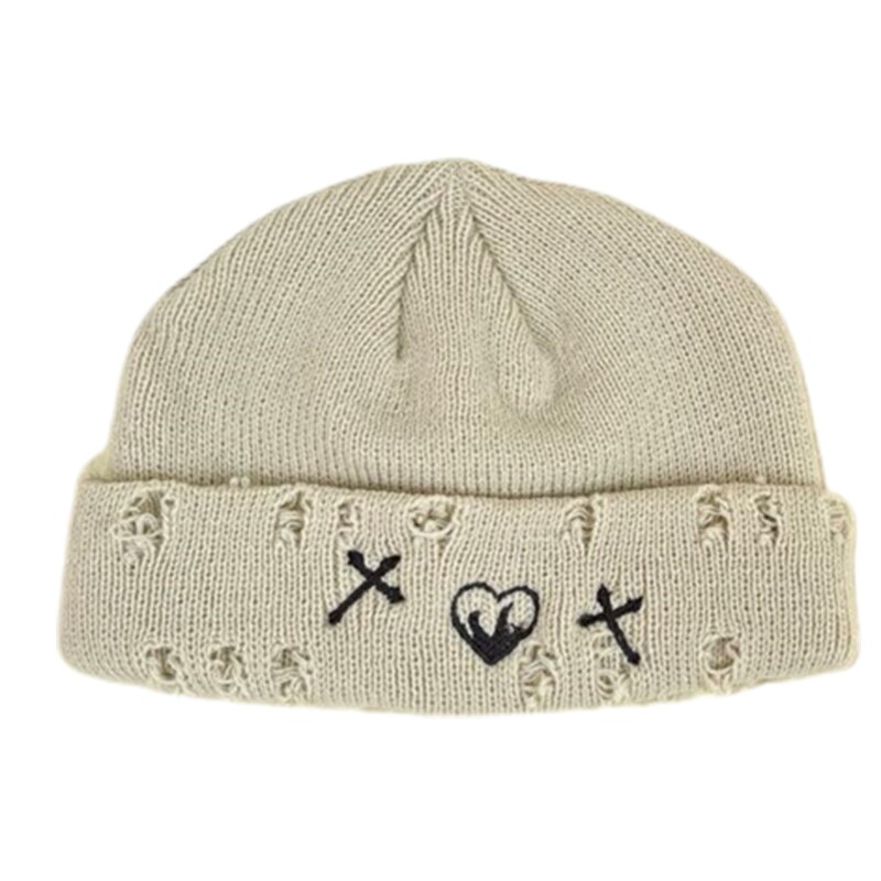 Gorro de lana de punto Flexible con agujeros rotos, cálido, diario, invierno salvaje: Beige