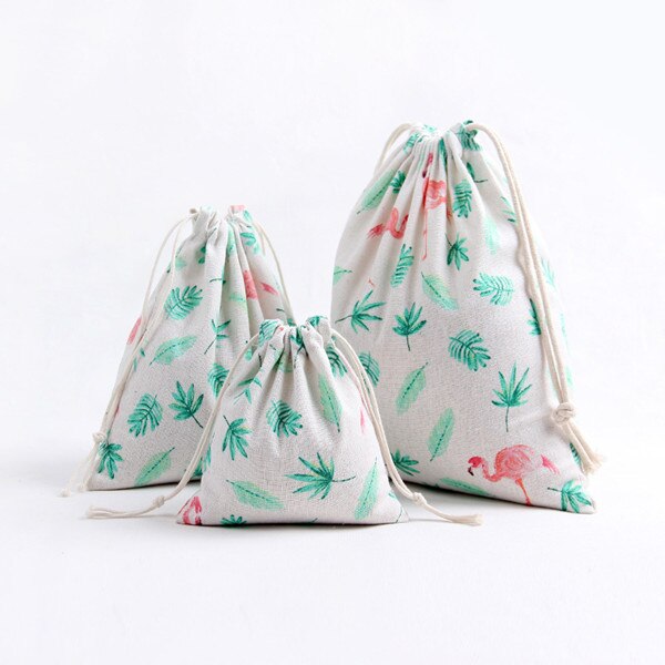 YILE 1pc Cotton Linen Drawstring Party Bag Multi-purpose Pouch Print Flamingo Leaf Size-choosing 8129h: S 18x15cm