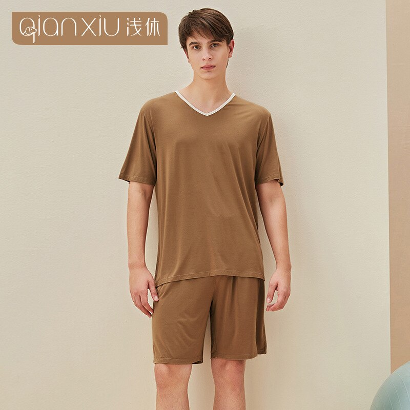 Conjunto de pijama de fibra de bambú para hombre, ropa de dormir informal, camiseta y pantalones de talla grande, Verano: L