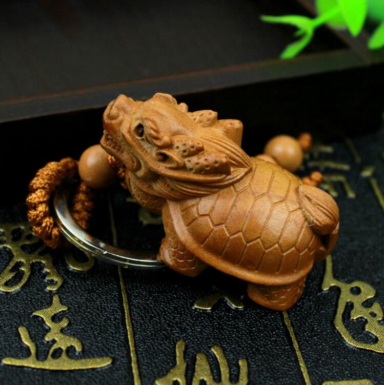 Statue de tortue Dragon en bois sculpté en 3D, pendentif, Sculpture de la richesse chinoise, porte-clés