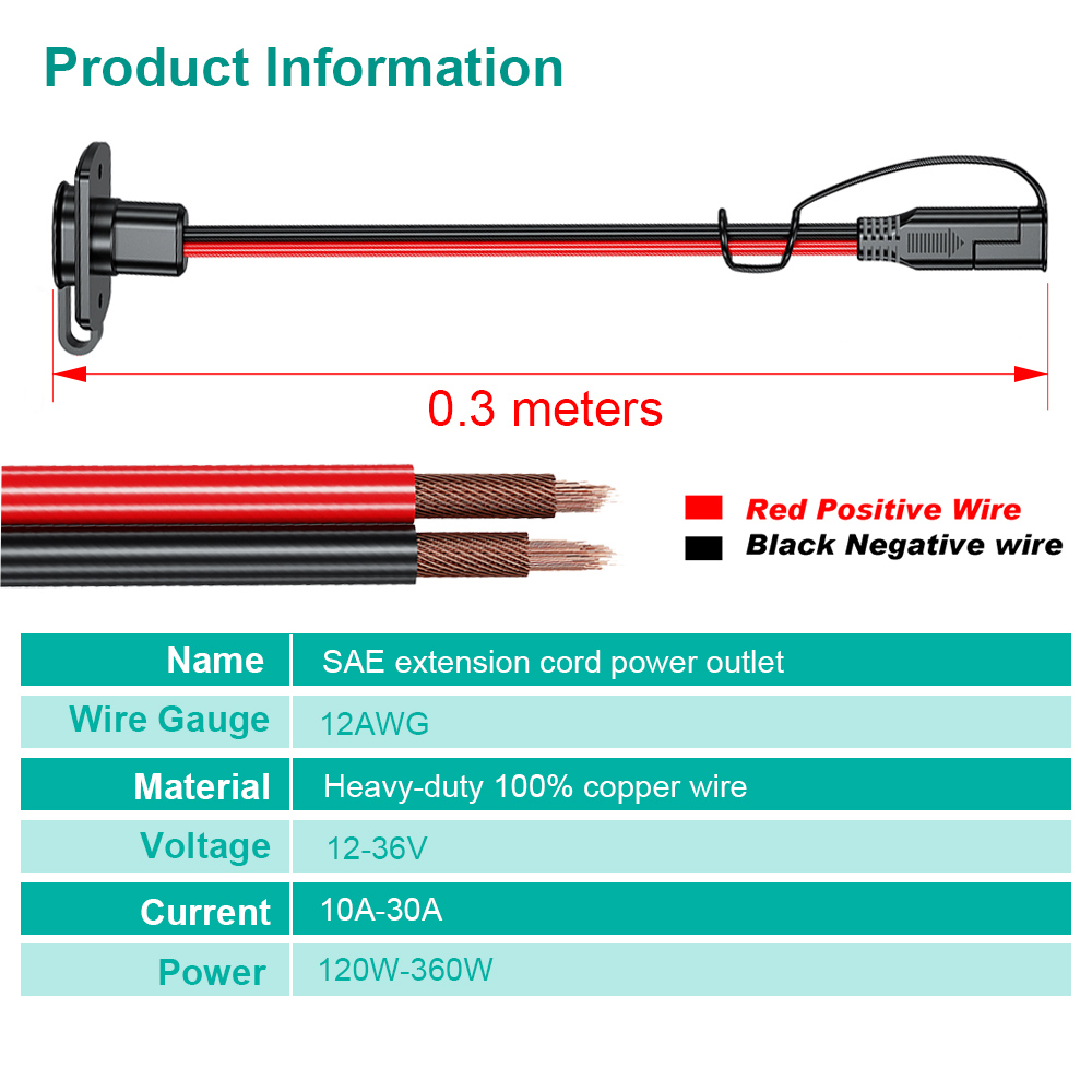 Adaptador SAE de enchufe macho, conector rápido SAE, Cable hembra de 12AWG, Cable de extensión de 30CM, resistente al agua