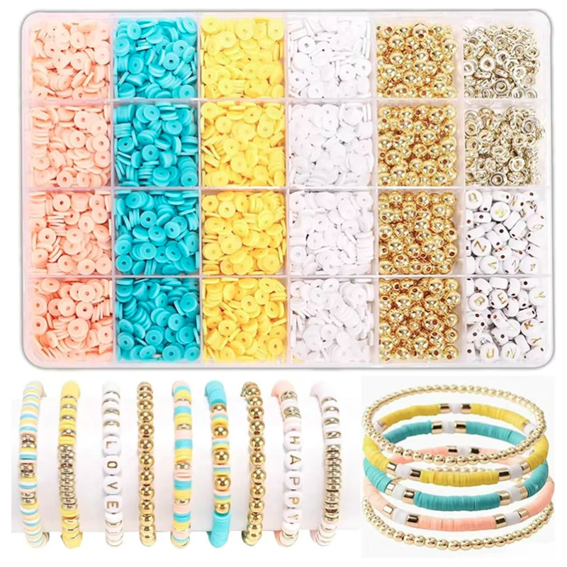 24-kleuren klei kralen armband maken kit platte preppy kralen polymeer klei kralen kit voor vriendschap armbanden maken ambachtelijke DIY: Licht Geel Goud Kleur