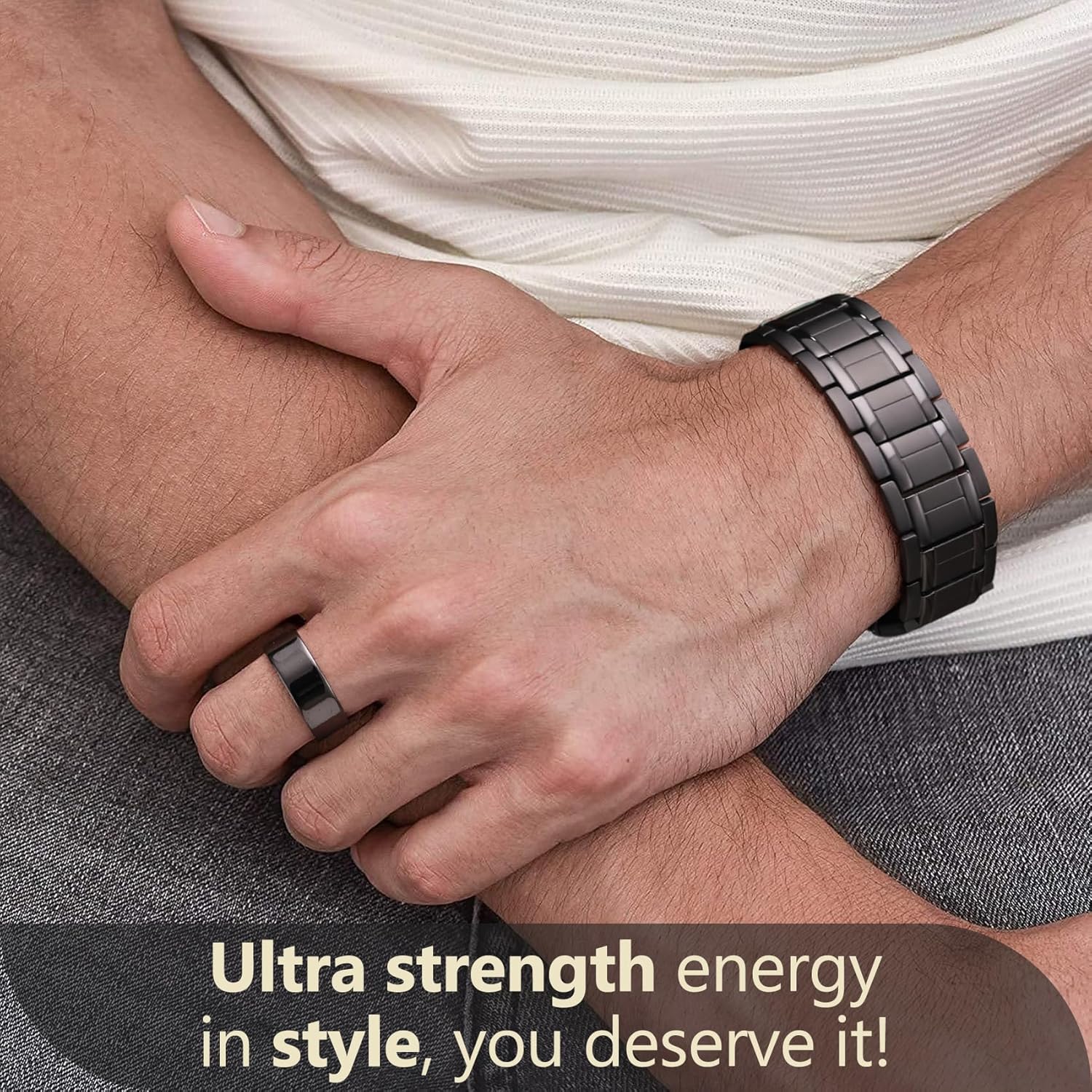 ARADOO Pulseras de acero de titanio con 3 imanes de neodimio Ultra resistentes, pulsera de eslabones de terapia magnética de salud ajustable