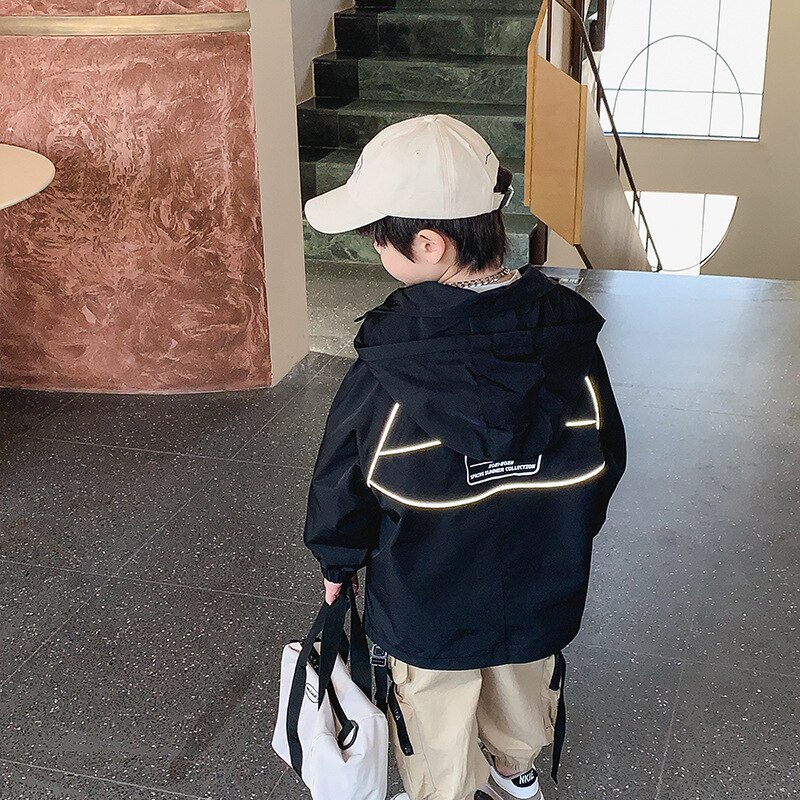 Children's wear boys' coat spring and autumn children's hooded coat 2022 boys' reflective wind proof top outerwear 1-457