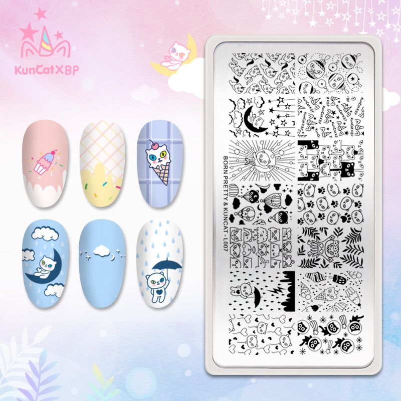 Geboren Pretty & Kuncat Ondertekend Gezamenlijk Nail Stempelen Platen Rechthoek Mooie-Kat Ster Patroon Rvs Hoge stencil