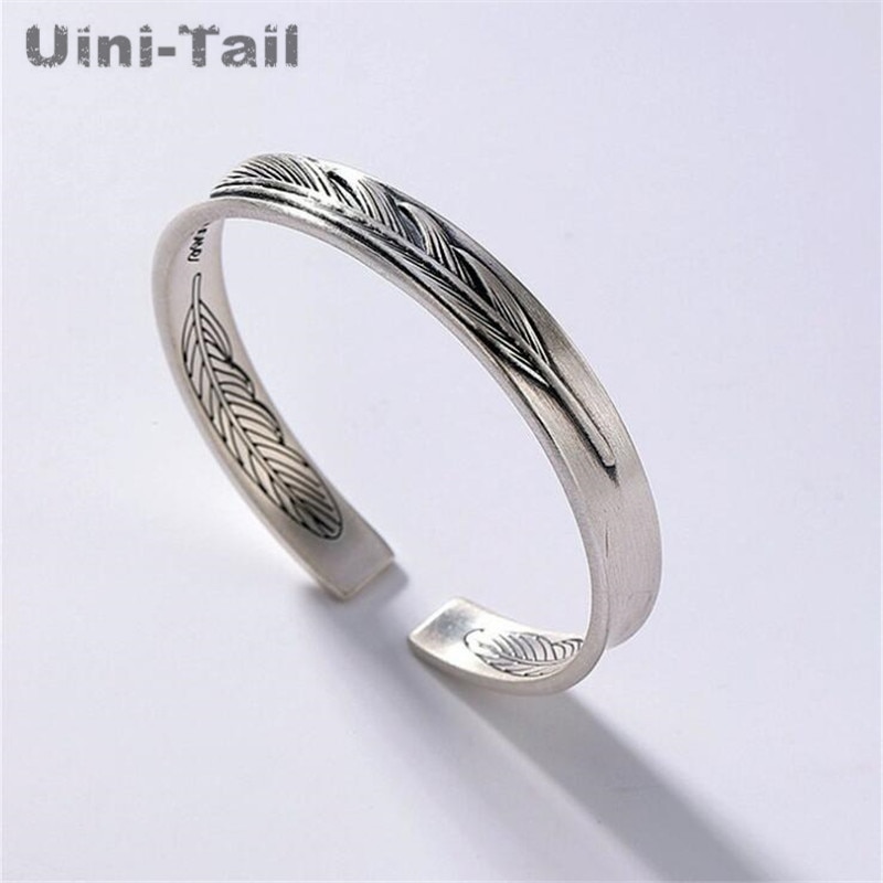 Uini-Tail authentic 925 Tibetan silver retro feather bracelet personality simple couple models open bracelet