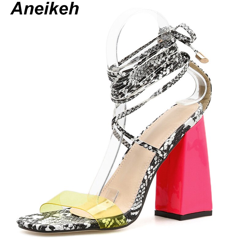 Aneikeh Summer PVC Gladiator Sandals Women Open Toe Ankle Strap Lace Up High Heels Pumps Party Dress Women's Shoes
