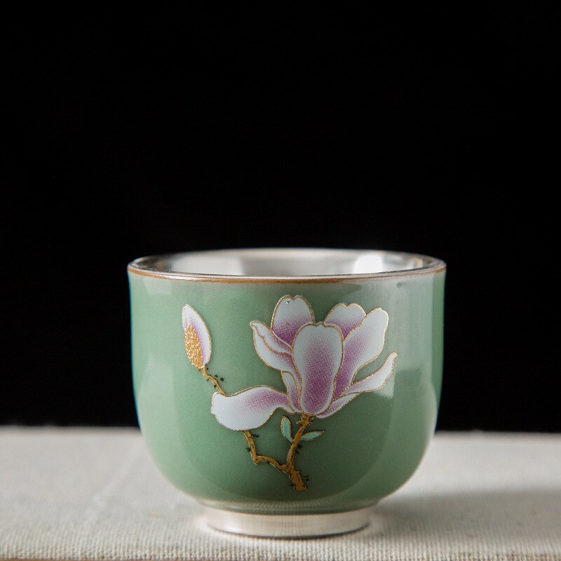 Taza de té dorada de plata 999, vaso Maestro de cerámica, flor a la parrilla, lámina dorada, taza de té Kung Fu: B