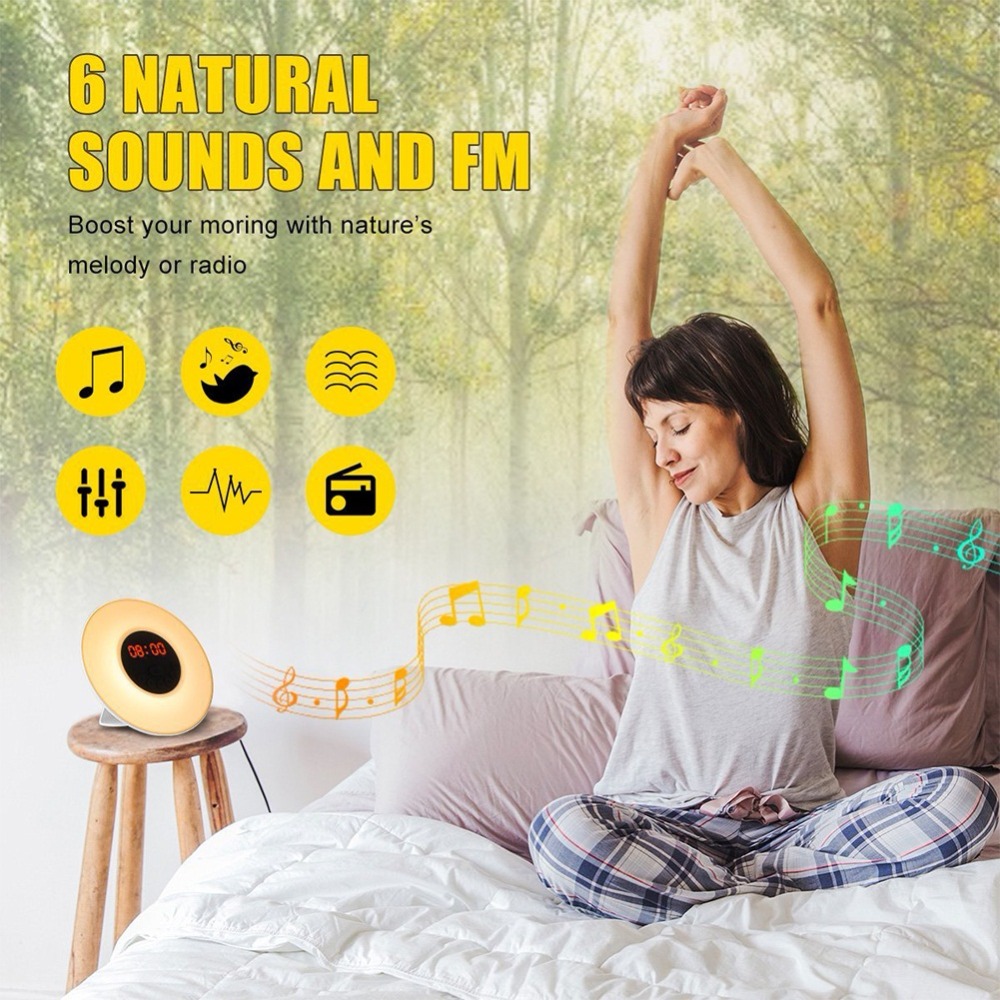 Sunrise Alarm Clock Wake Up Colorful Light Simulation Digital Alarm Clock Nature Sounds FM Radio Snooze Function Touch Control