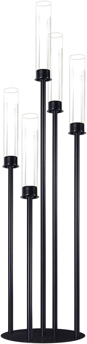 Black Candle Holder with Acrylic Cylinder for LED Candles 5-Head Metal Candle Holder Wedding Centerpiece Ceremony