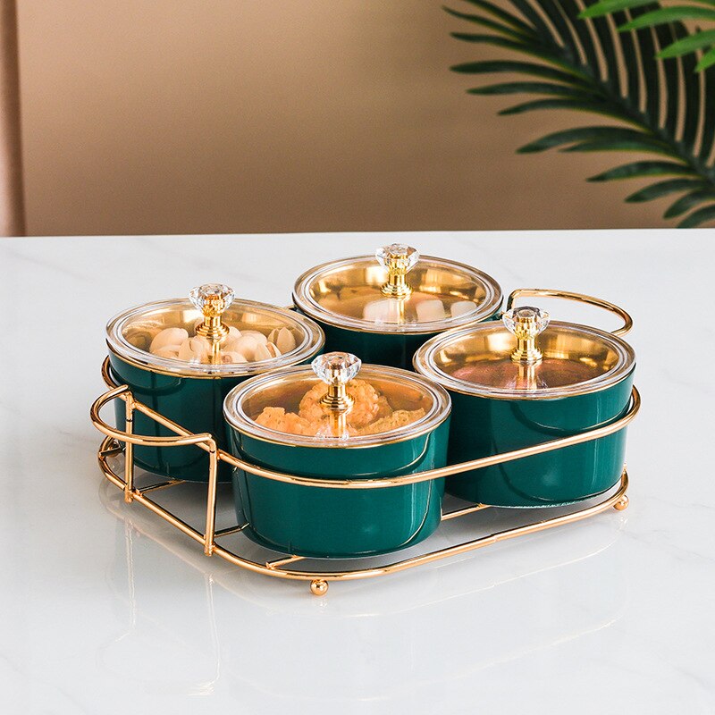 Nordic Ceramic Square Platter Snack Plate Dry Fruit Cake Plate Fruit Plate Divided Iron 2/3/4/6 Grid Nut Pastry Bowl: dark green 4
