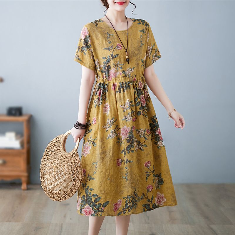 Summer Cotton Linen Literary Vintage Printing Loose Casual Robe Ladies Round Neck Lace Up Waist Dress Vestidos De Fiesta: XXXL / green