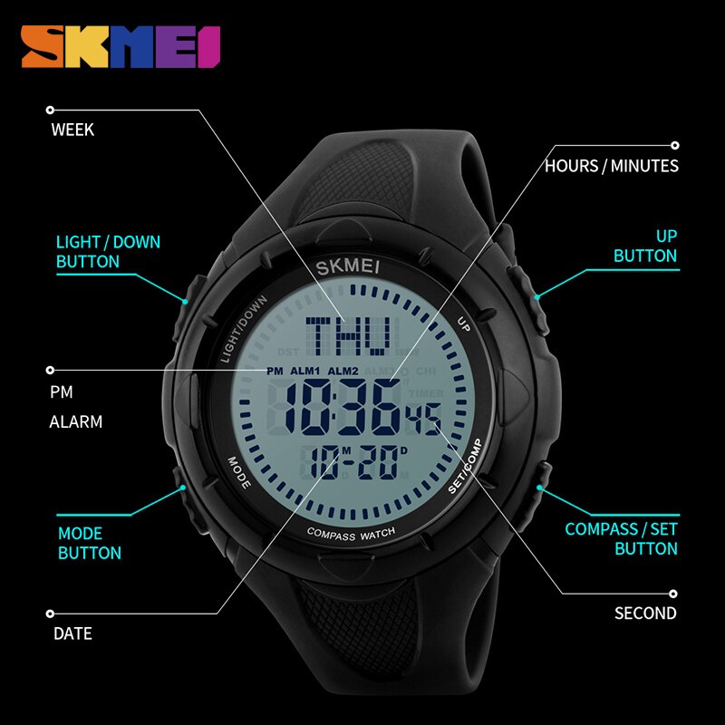 Relojes de pulsera digitales SKMEI 1232 para hombre, brújula, relojes con luz mundial, repetidor, alarma de cuenta atrás, reloj deportivo, reloj Masculino