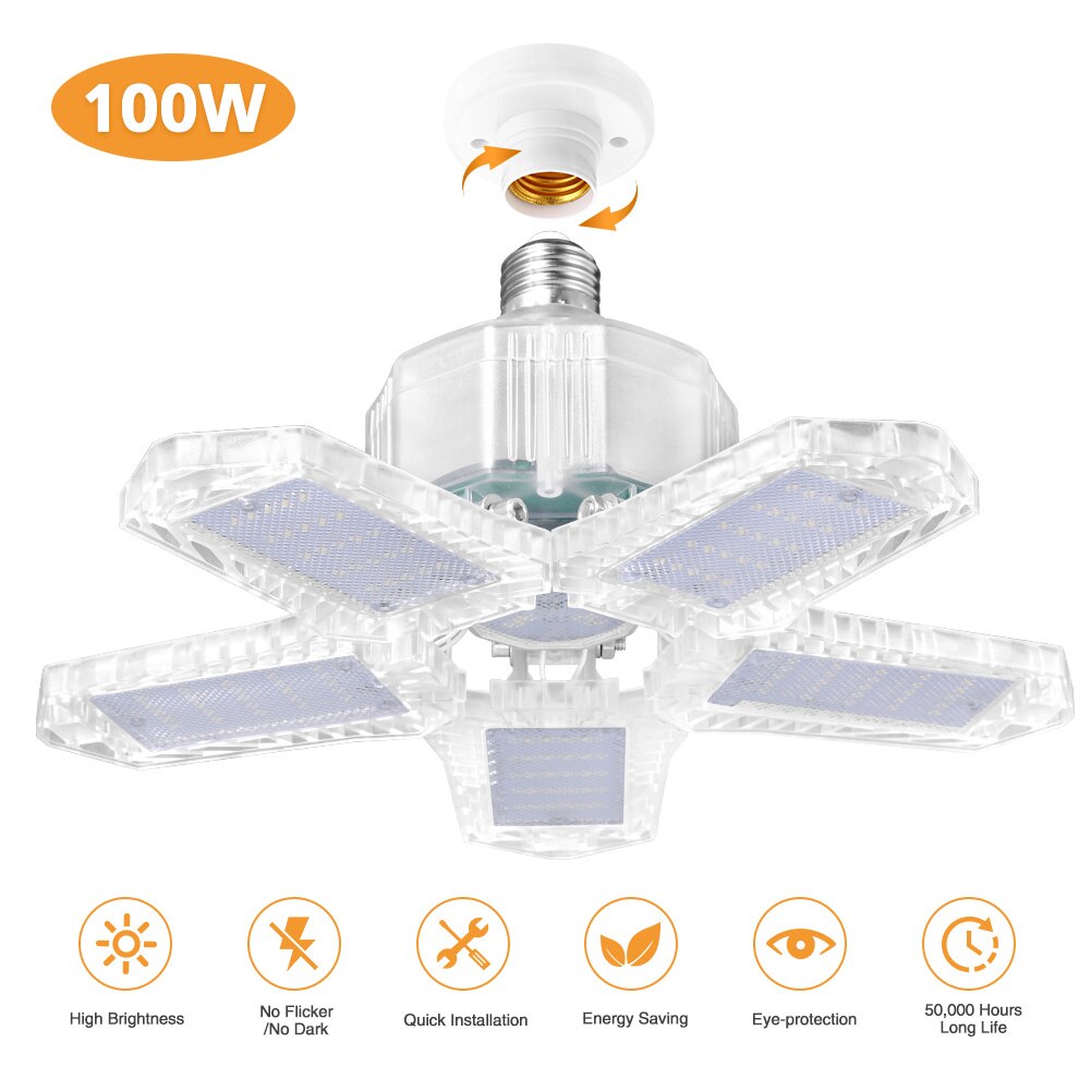 100w 180w LED Garage Light 5 Leaf Deformation Fan Ceiling Light E26 Industrial Lamp For Workshop Warehouse 85-265V