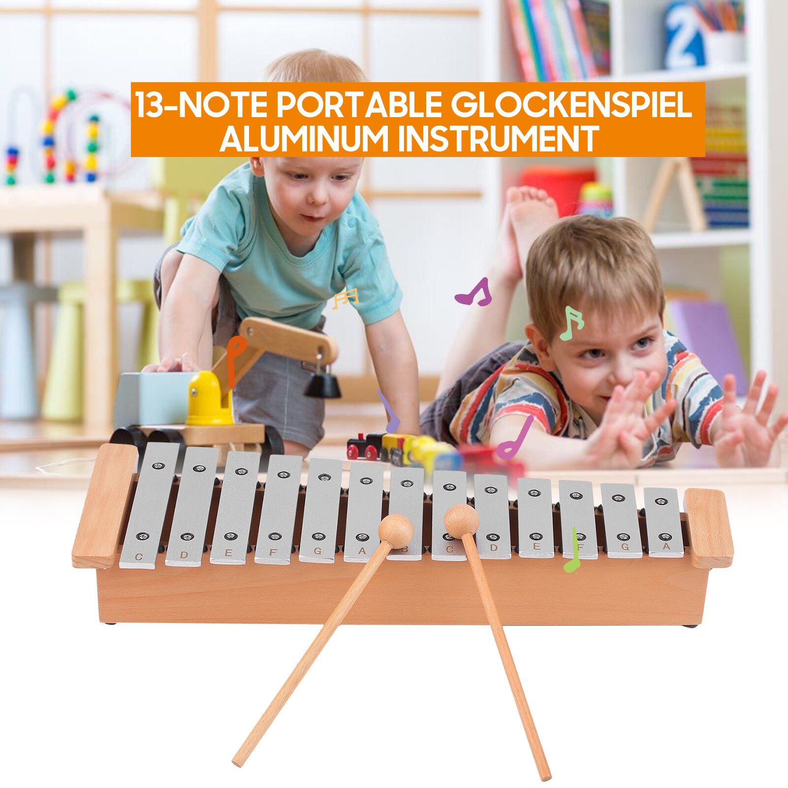 Piano Xylophone Portable en aluminium, Instrument de Percussion avec bâtons en bois, 13 notes