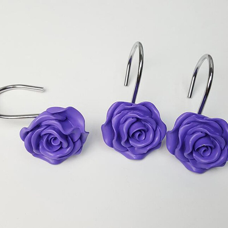 Useful 12pcs Rose Flower Resin Shower Curtain Hook Hand Crafted Decorative Shower Curtain Track Hooks Bathroom Room: purple