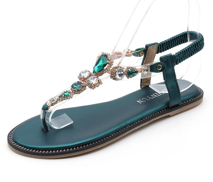 summer woman flat diamonds flat sandal green black color T strap woman crystal flat sandal beach flat rhinestone sandal woman: Sky Blue / 36