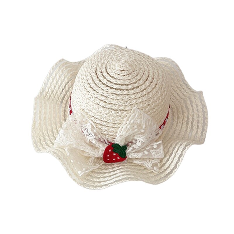 Kids Girls Boater Straw Hat Outdoor Wide Brim Seaside Summer Beach Flat Top Sun Caps Strawberry Bowknot Panama Straw Cap: white