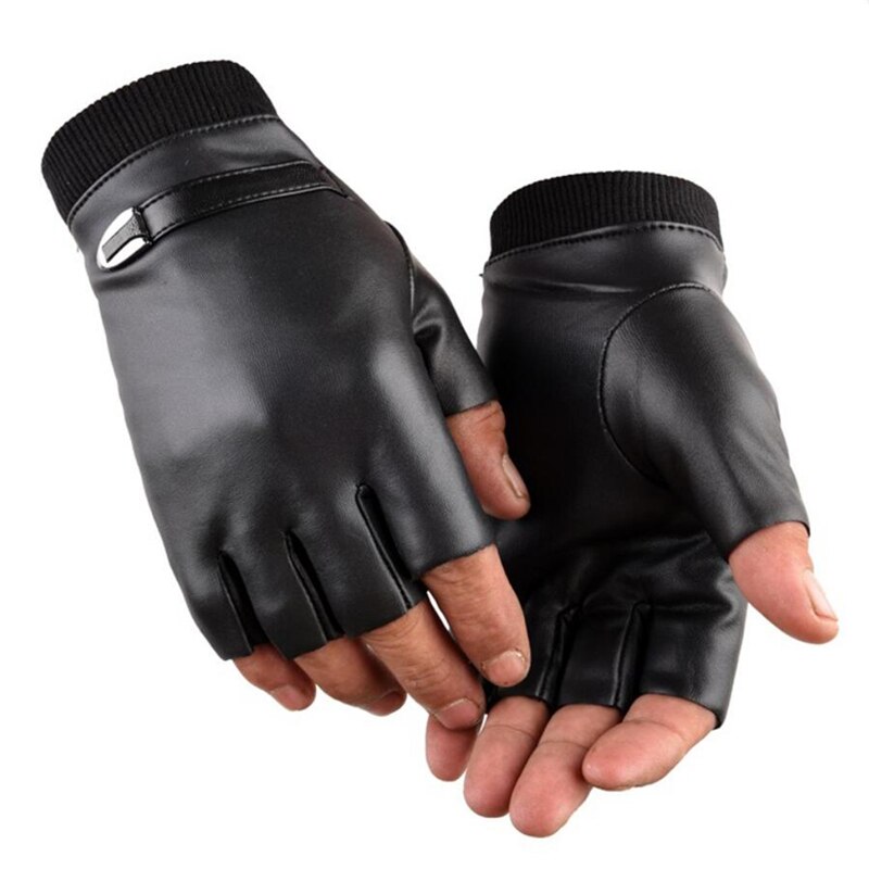 Guantes sin dedos para hombre, manoplas de cuero de ante para conducir, negro y gris, medio dedo, elásticos, para exteriores, para invierno: PU black