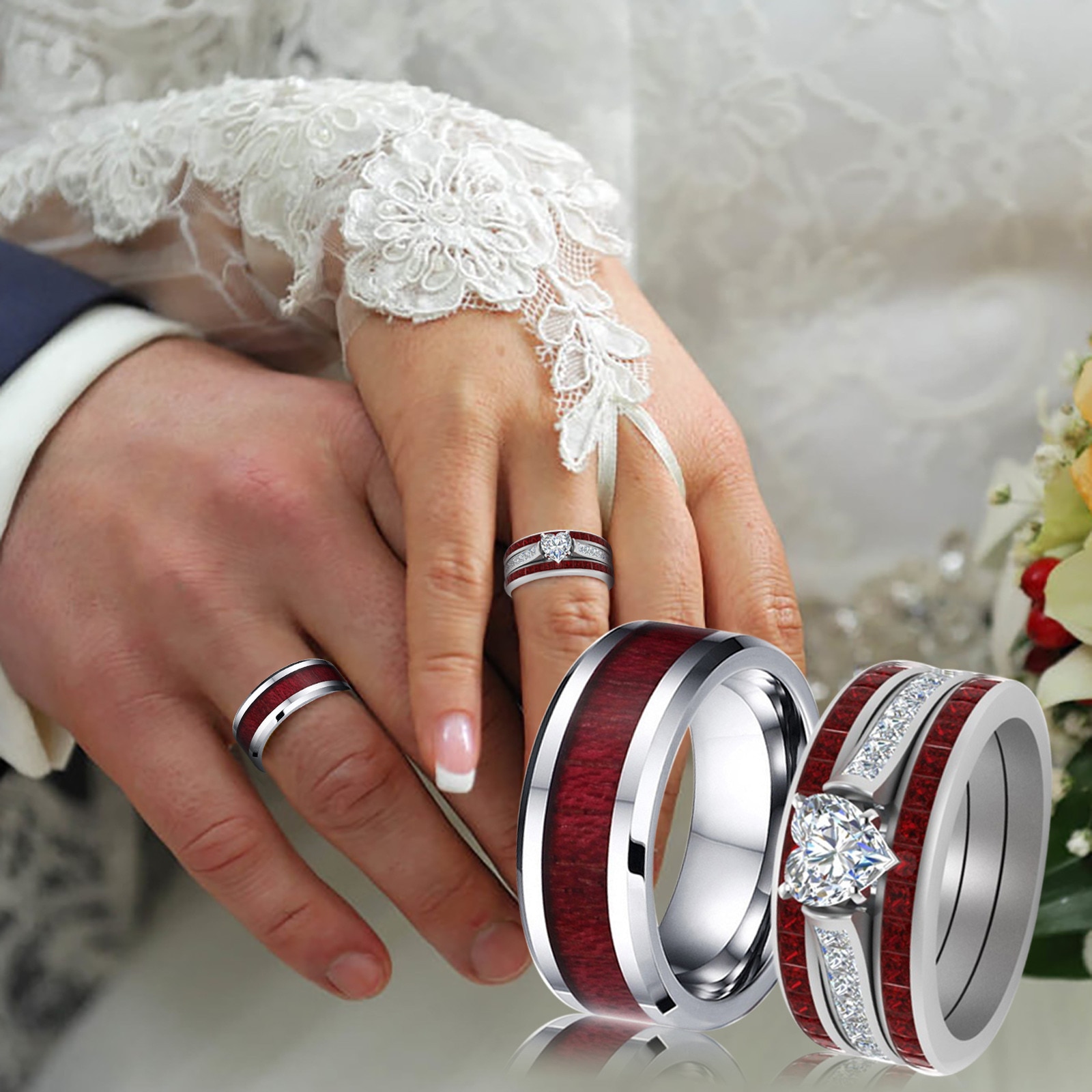 Paar Bruiloft Sieraden Classic Ringen Paar Ring Houtnerf Titanium Staal Hart Drie Layer Ring Ring Set Eenvoudige Creatieve