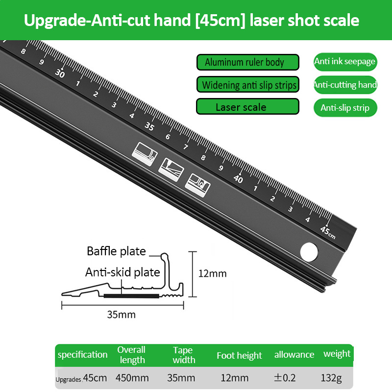 Règle droite multifonctionnelle en alliage d'aluminium de haute précision, 20/30/45cm, Anti-coupure, marquage des mains, pour la mesure du dessin: Rouge