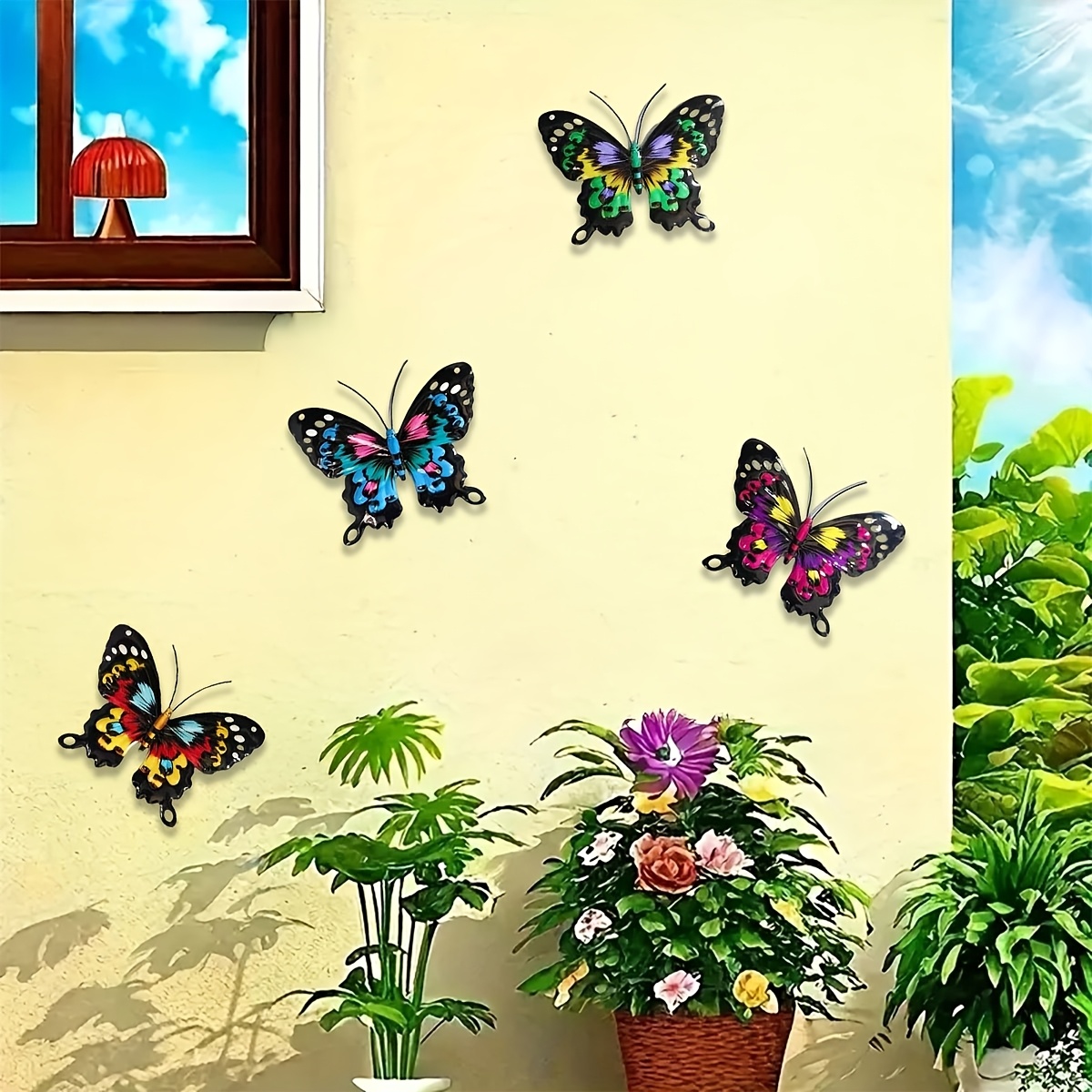 4-pack kleurrijke metalen vlinder kunst aan de muur - ijzeren slinger decor voor tuin, yar balkon buiten hek kunst decoratie ideaal cadeau