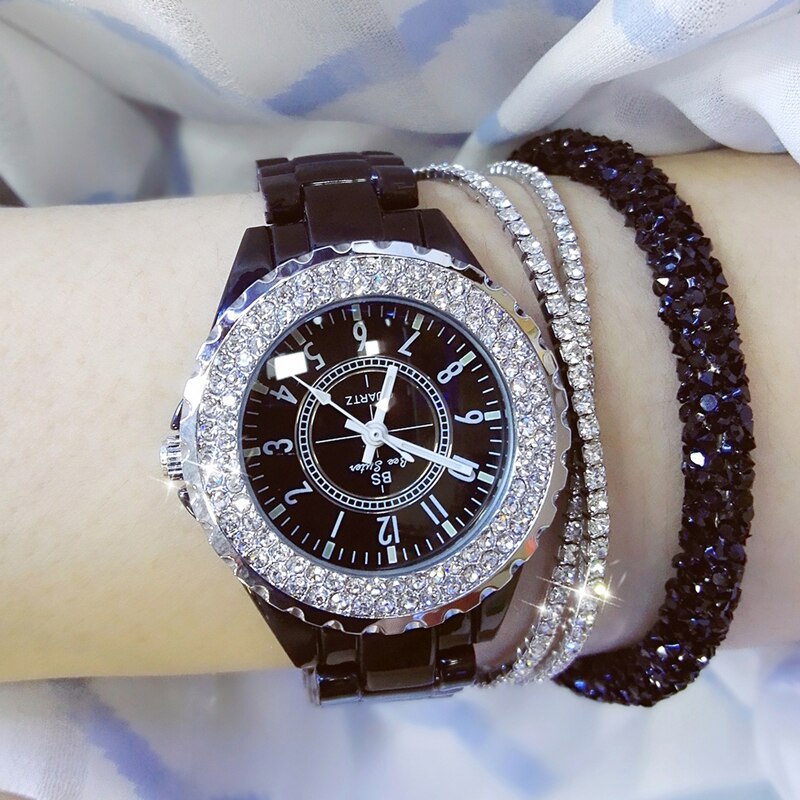 Bs Ceramic Watch Women Famous Brand Dress Female Wristwatch White Women Wrist Watches Rhinestone Clock