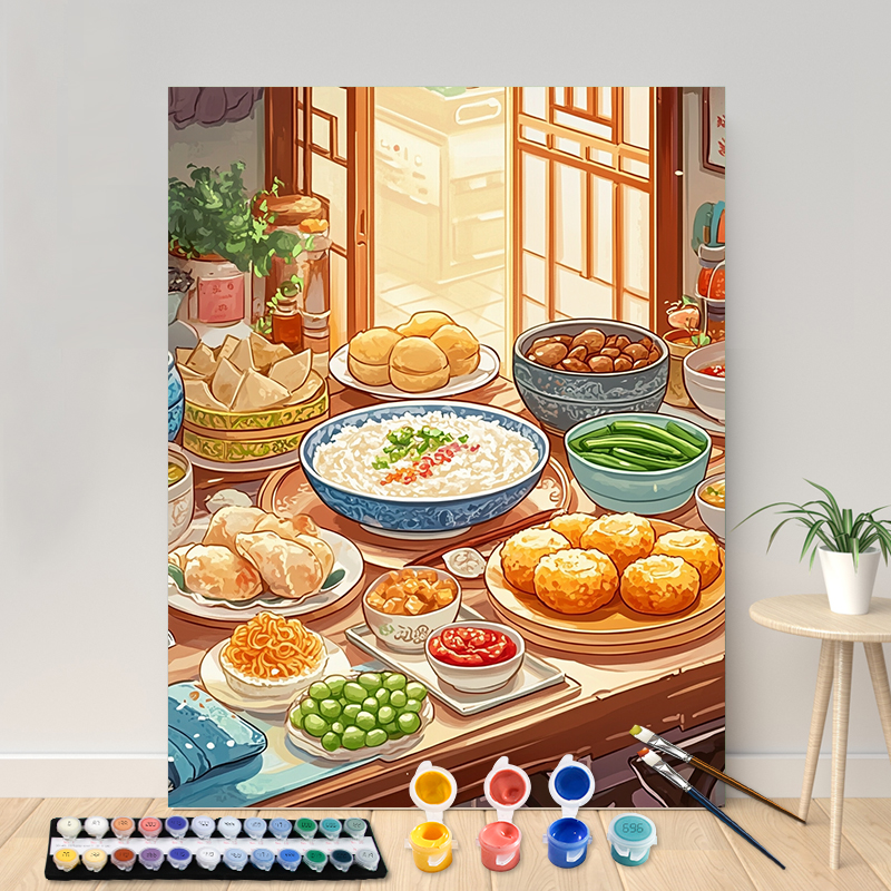 Maling etter tall kinesisk frokost akrylmaling lerret portrett familie barn foto jul: Lysegrønn / 70 x 100cm
