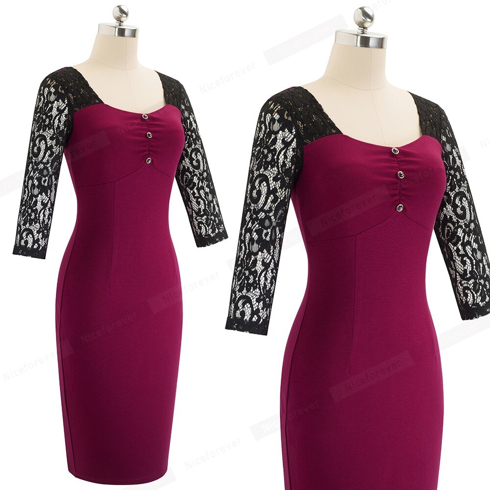 Nice-forever Autumn Women Hollow out Lace Patchwork Dresses Business Party Bodycon Fitted Female Dress btyB486