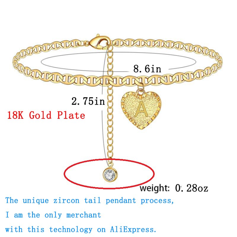 Bracelet de cheville avec initiales en forme de cœur pour femme, bijoux en Zircon doré, accessoires de jambes pieds nus, de fête des mères